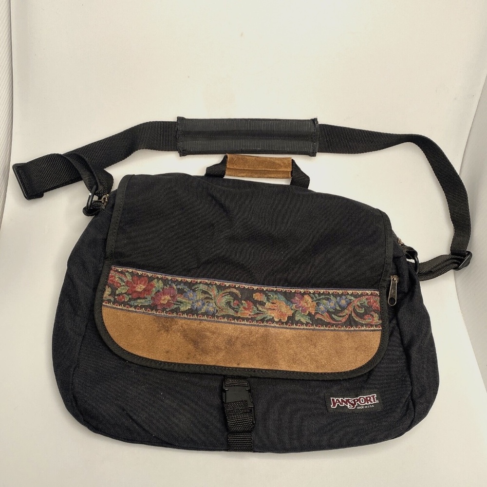 Vintage Jansport Messenger Bag Cross Body Floral Leather Panel Made in USA
